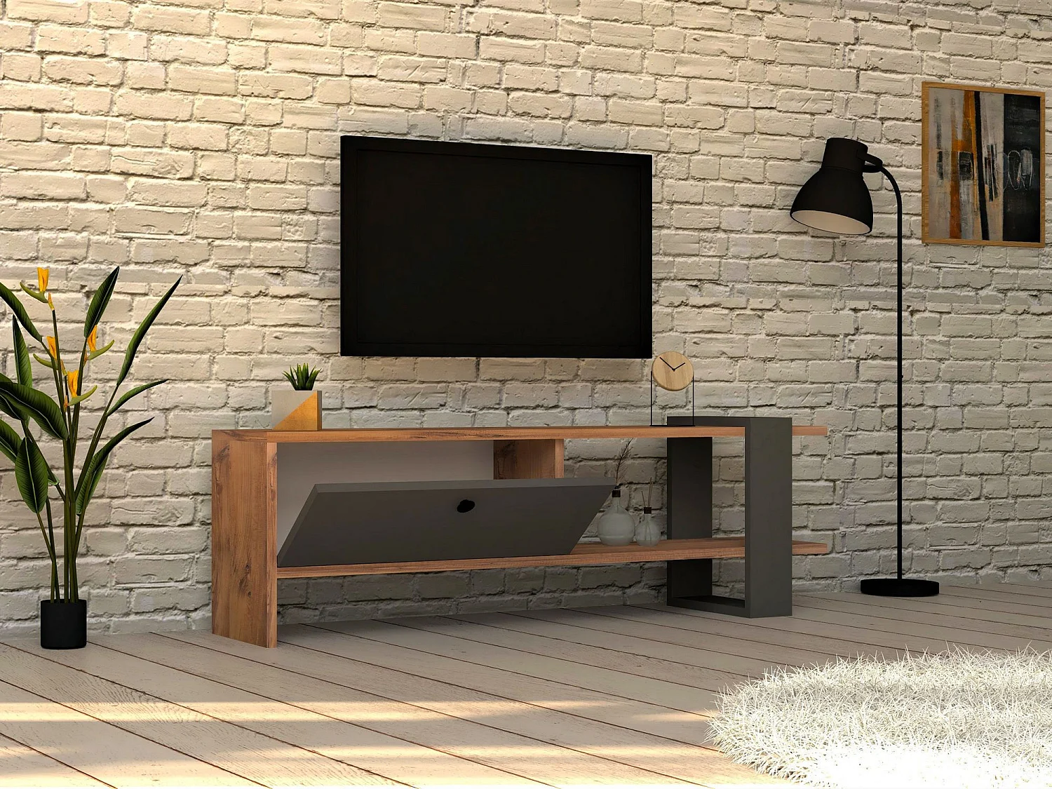 TV-Ständer – 120 x 36,8 x 25 cm – Eiche und Anthrazit – Melaminbeschichtete Spanplatte