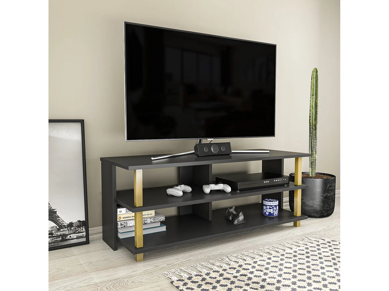 Meuble TV glamour, doré et anthracite, 120 x 44,6 x 47,4 cm | Panneau de particules 100 % mélaminé, épaisseur 18 mm | Élégant et fonctionnel pour un salon moderne