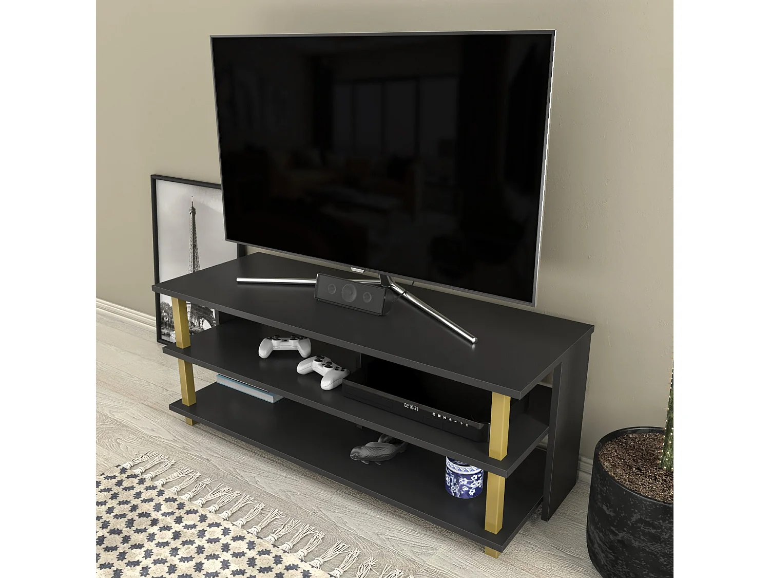 Meuble TV glamour, doré et anthracite, 120 x 44,6 x 47,4 cm | Panneau de particules 100 % mélaminé, épaisseur 18 mm | Élégant et fonctionnel pour un salon moderne