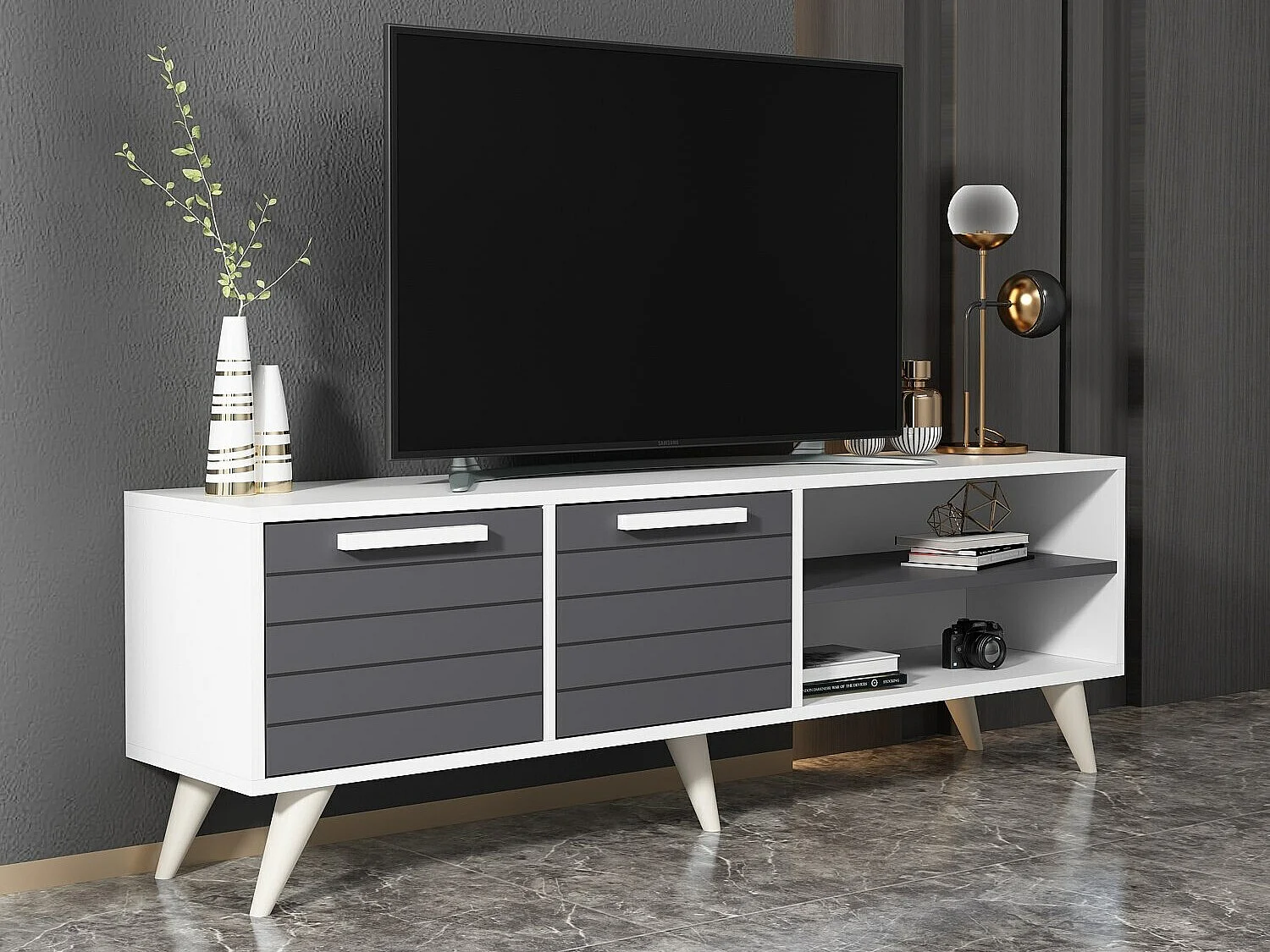 Meuble TV – 150 cm x 30 cm x 48 cm – Blanc et Anthracite – MDF mélaminé
