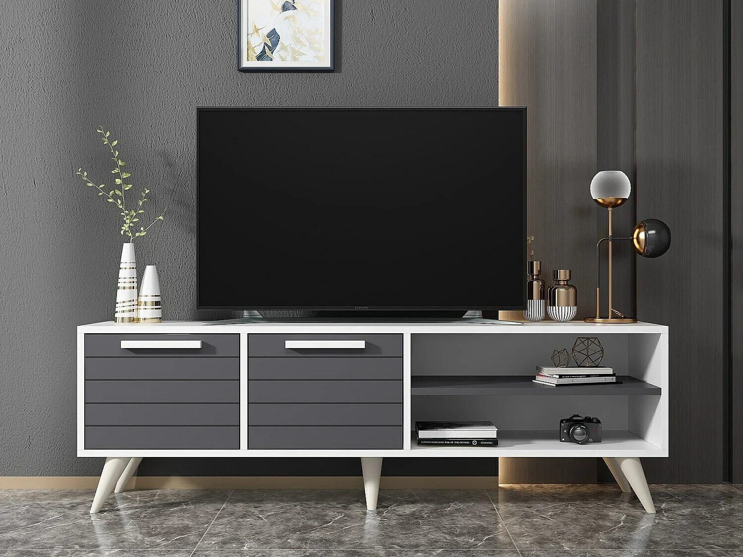 Meuble TV – 150 cm x 30 cm x 48 cm – Blanc et Anthracite – MDF mélaminé