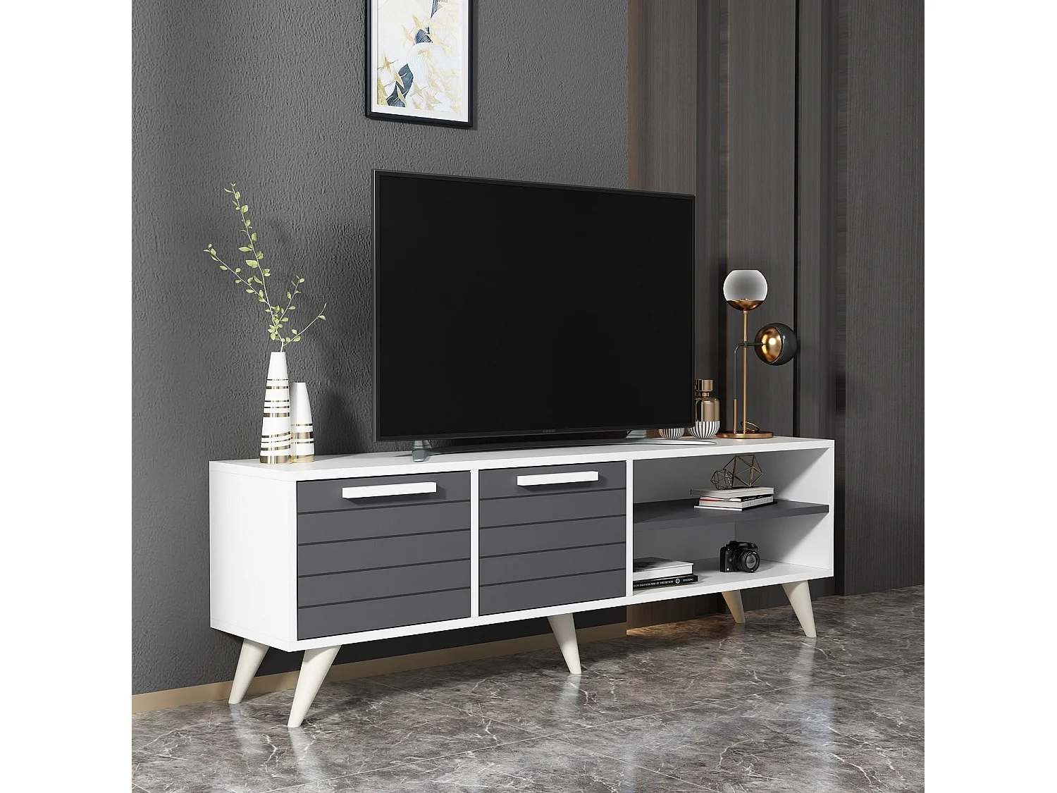 Meuble TV – 150 cm x 30 cm x 48 cm – Blanc et Anthracite – MDF mélaminé