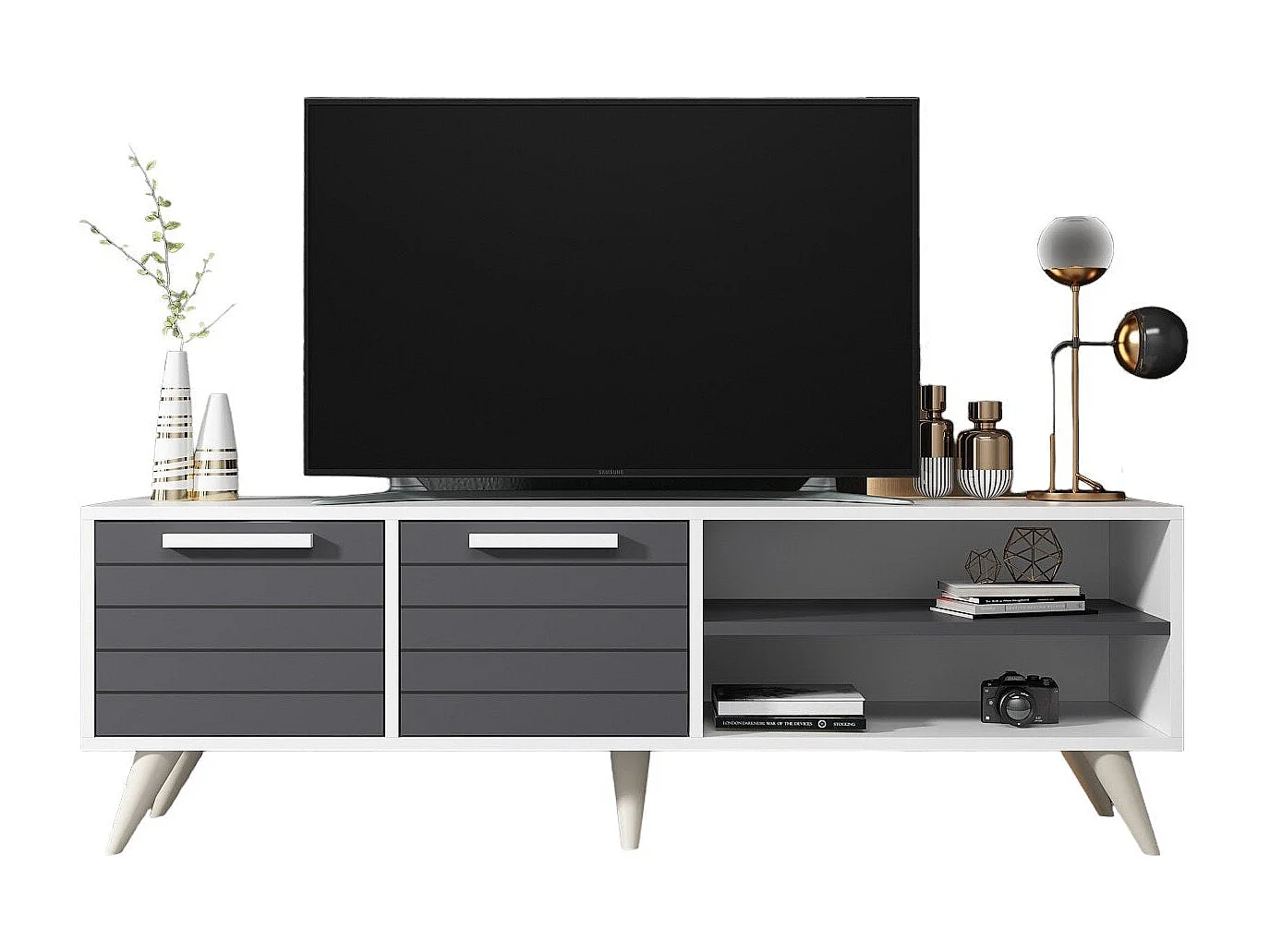 Meuble TV – 150 cm x 30 cm x 48 cm – Blanc et Anthracite – MDF mélaminé