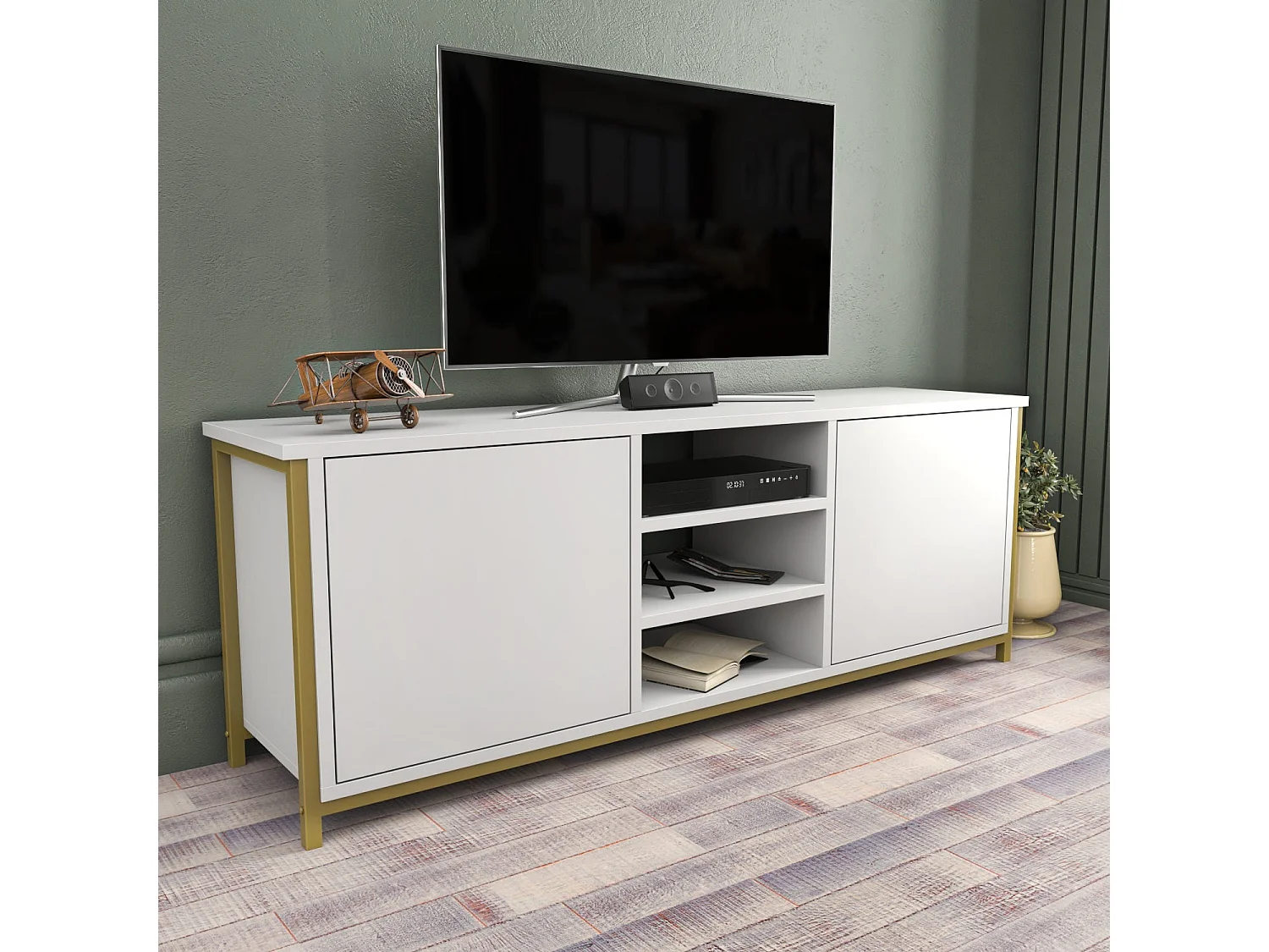 Meuble TV glamour doré et blanc, 140 x 35,3 x 50,8 cm | Panneau de particules 100 % mélaminé, épaisseur 18 mm | Élégant et fonctionnel pour un salon moderne