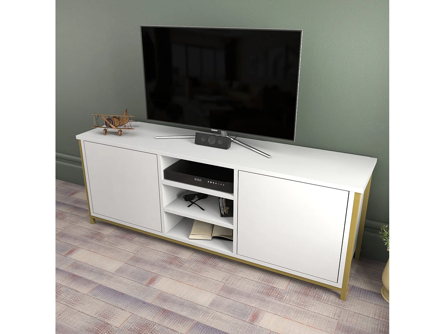 Meuble TV glamour doré et blanc, 140 x 35,3 x 50,8 cm | Panneau de particules 100 % mélaminé, épaisseur 18 mm | Élégant et fonctionnel pour un salon moderne