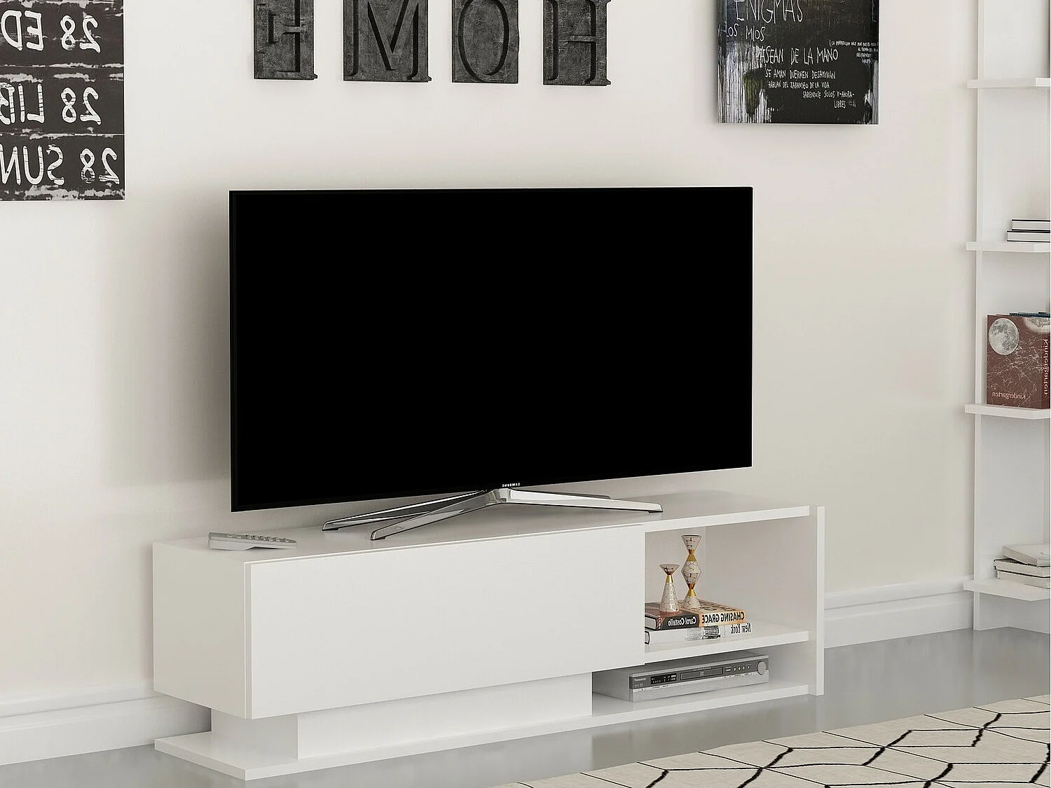 Meuble TV blanc moderne, 120 cm | Panneau de particules 100 % mélaminé, épaisseur 18 mm | Fixation murale, plusieurs étagères, design élégant et fonctionnel