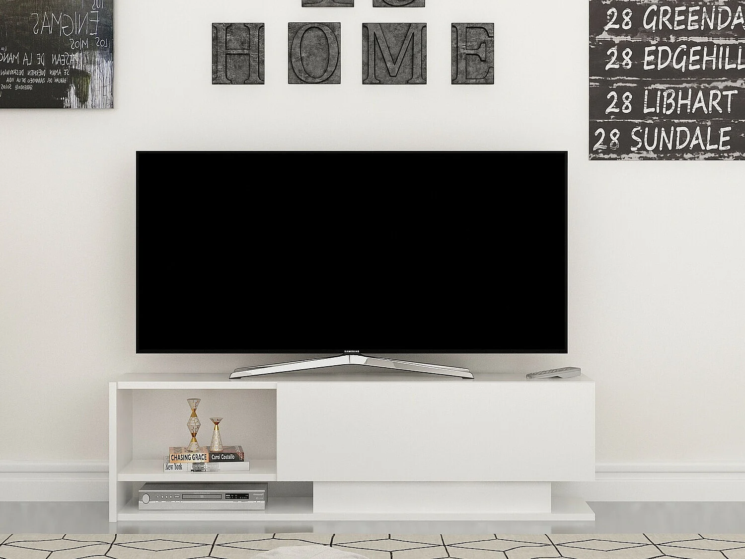 Meuble TV blanc moderne, 120 cm | Panneau de particules 100 % mélaminé, épaisseur 18 mm | Fixation murale, plusieurs étagères, design élégant et fonctionnel