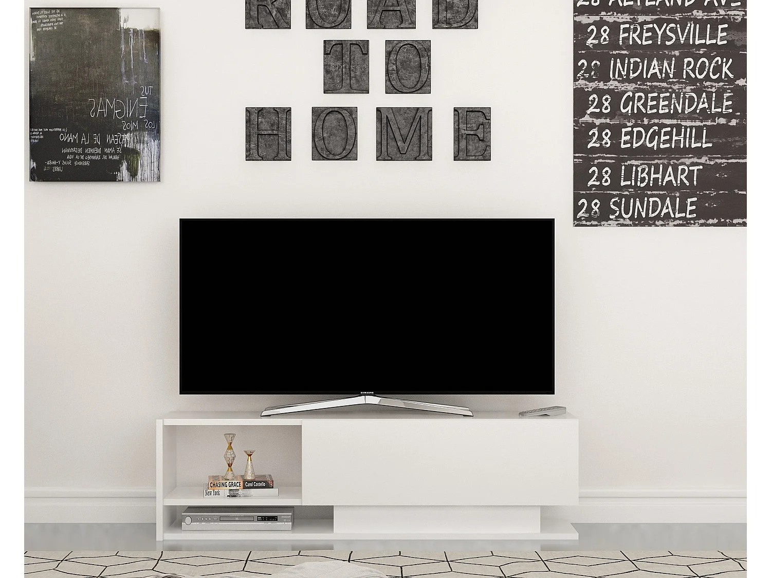 Meuble TV blanc moderne, 120 cm | Panneau de particules 100 % mélaminé, épaisseur 18 mm | Fixation murale, plusieurs étagères, design élégant et fonctionnel