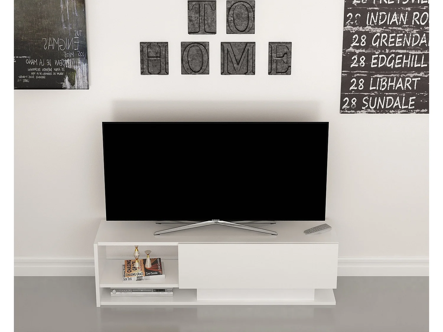 Meuble TV blanc moderne, 120 cm | Panneau de particules 100 % mélaminé, épaisseur 18 mm | Fixation murale, plusieurs étagères, design élégant et fonctionnel