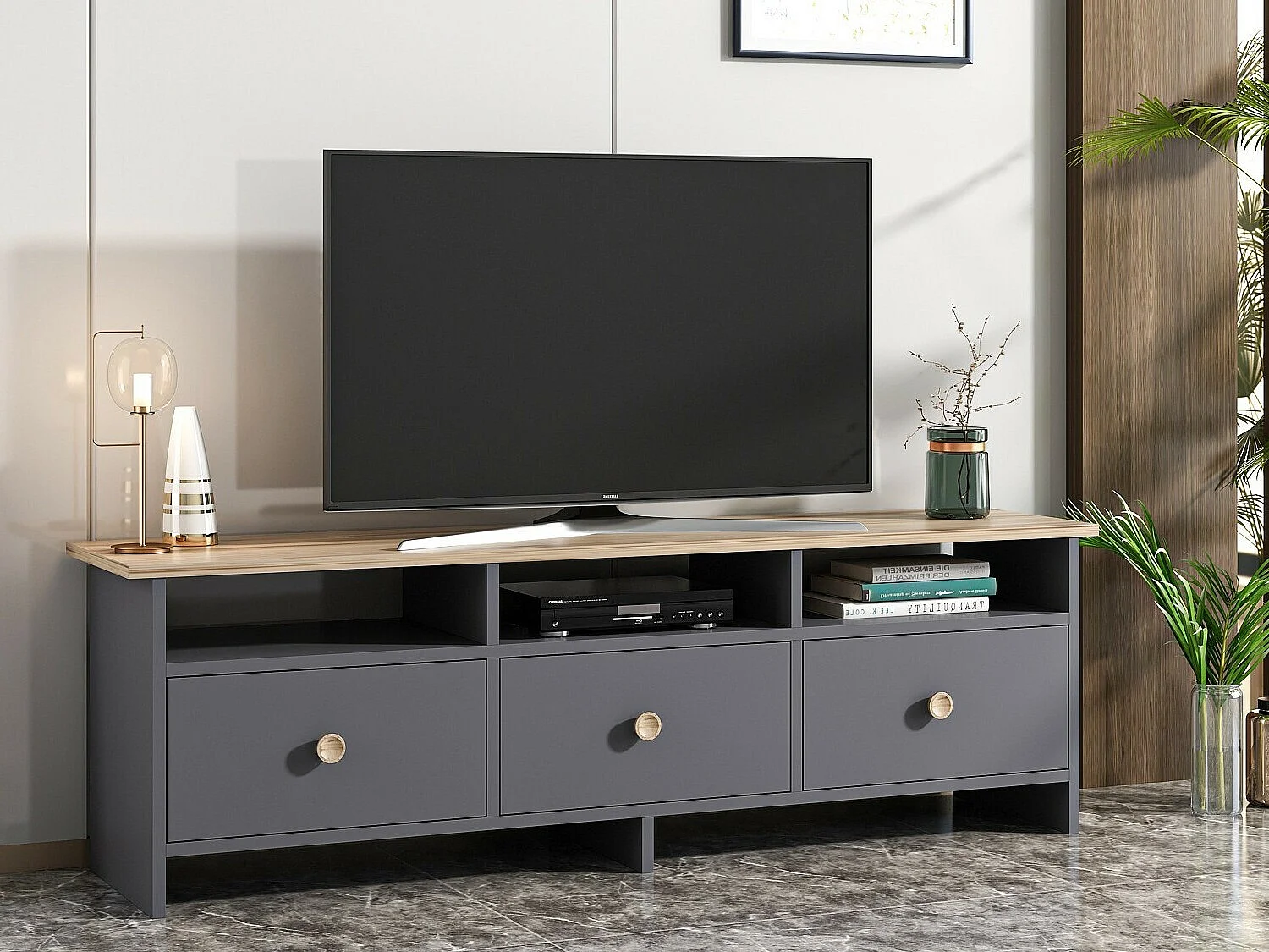 Meuble TV – 150 cm x 47 cm x 36 cm – Anthracite et Chêne – Panneaux de particules