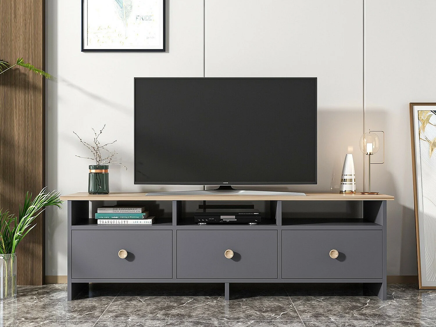 Meuble TV – 150 cm x 47 cm x 36 cm – Anthracite et Chêne – Panneaux de particules