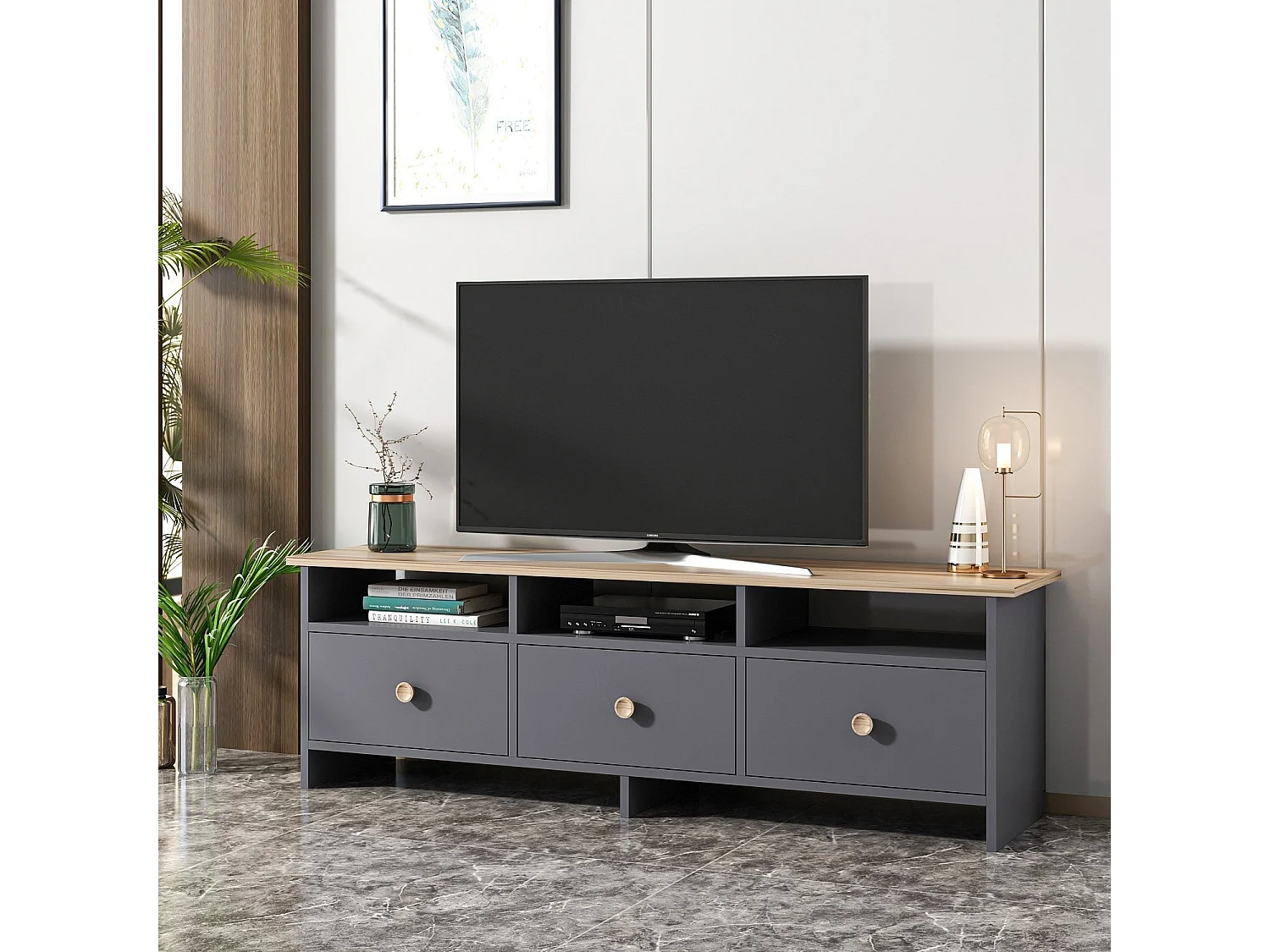 Meuble TV – 150 cm x 47 cm x 36 cm – Anthracite et Chêne – Panneaux de particules