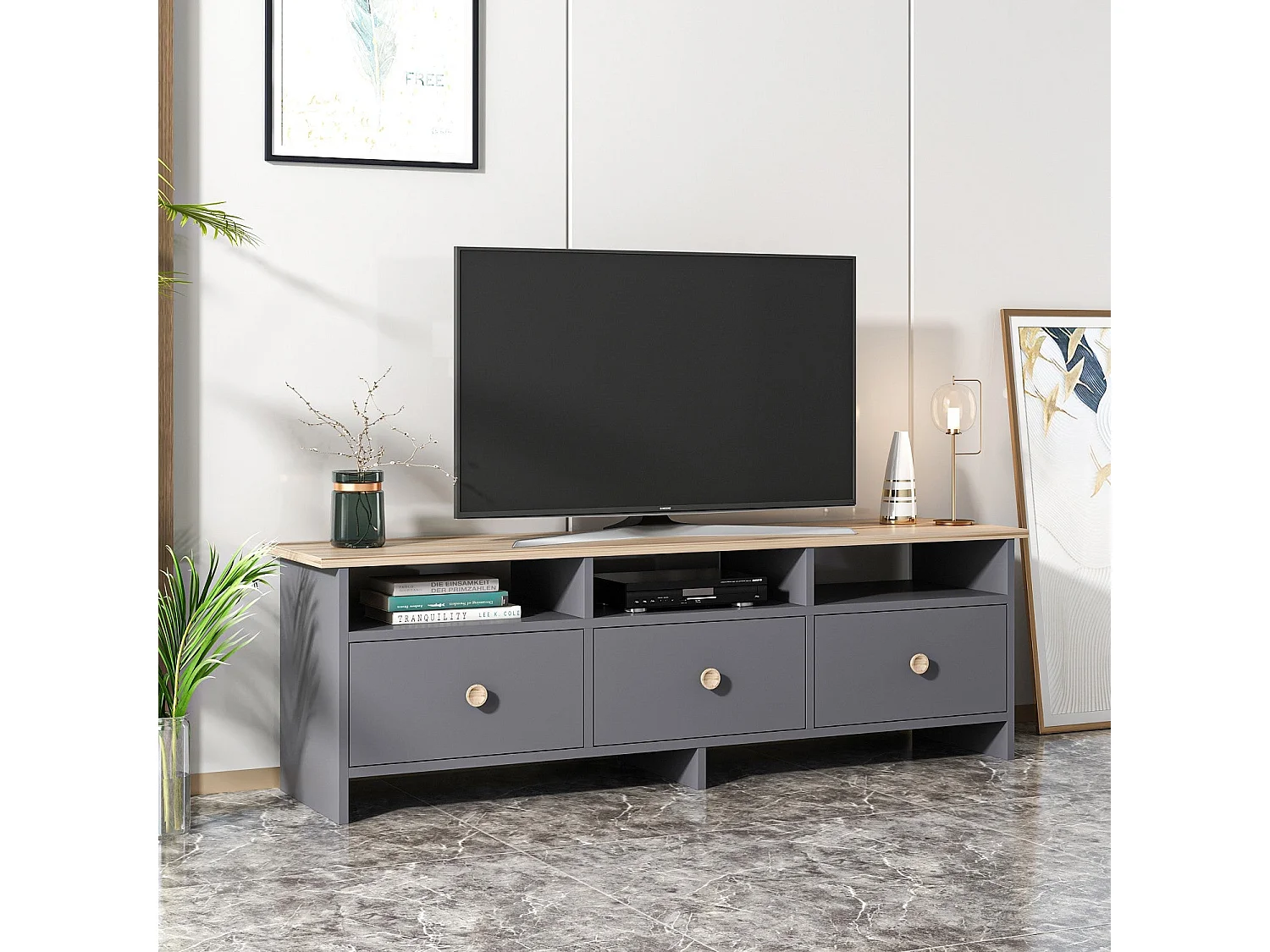 Meuble TV – 150 cm x 47 cm x 36 cm – Anthracite et Chêne – Panneaux de particules