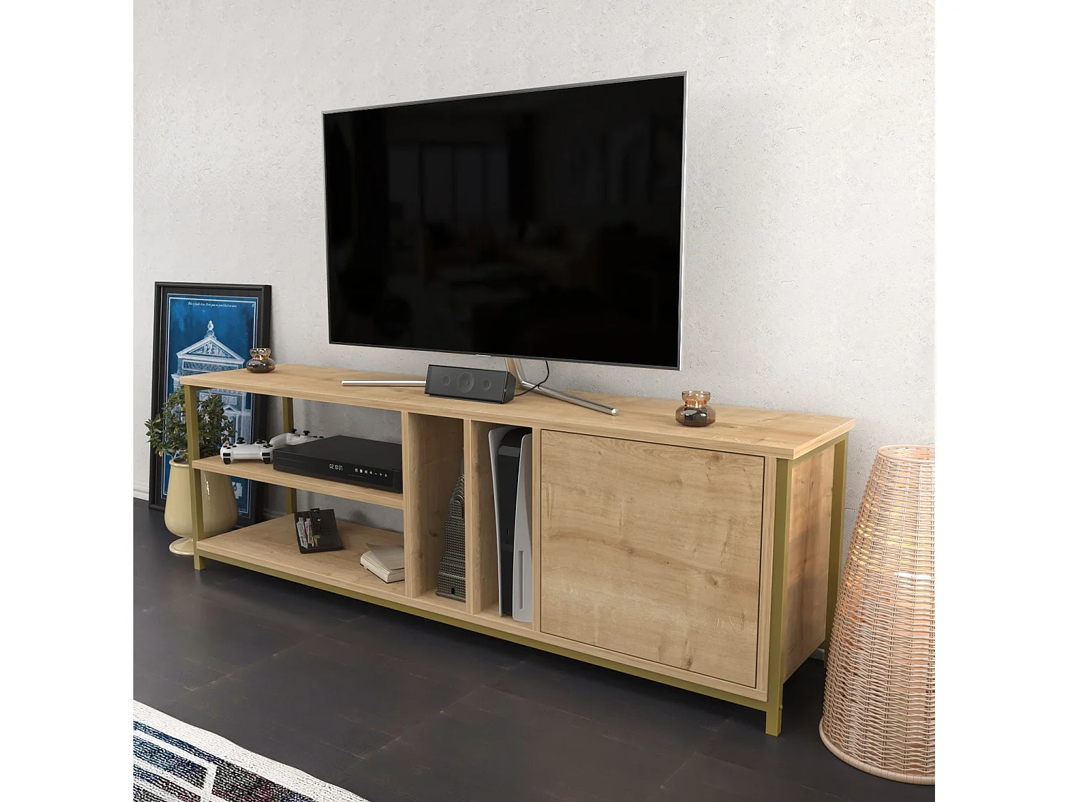 Meuble TV glamour, doré et chêne, 140 x 35,3 x 50,8 cm | Panneau de particules 100 % mélaminé, épaisseur 18 mm | Élégant et fonctionnel pour un salon moderne