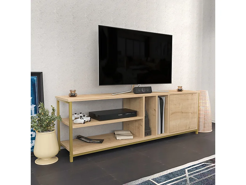 Glamoureuze tv-standaard, goud en eiken, 140 x 35,3 x 50,8 cm | 100% melamine gecoate spaanplaat, 18 mm dik | Stijlvol en functioneel voor moderne woonkamers