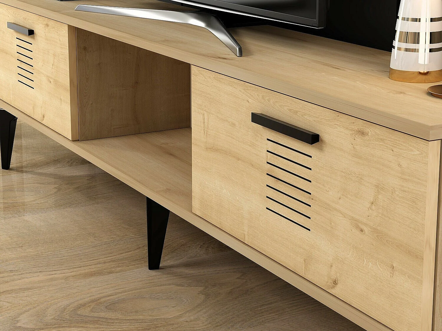 TV-Ständer – 150 cm x 44,6 cm x 29,6 cm – Saphir-Eiche – Spanplatte mit 100 % Melaminbeschichtung