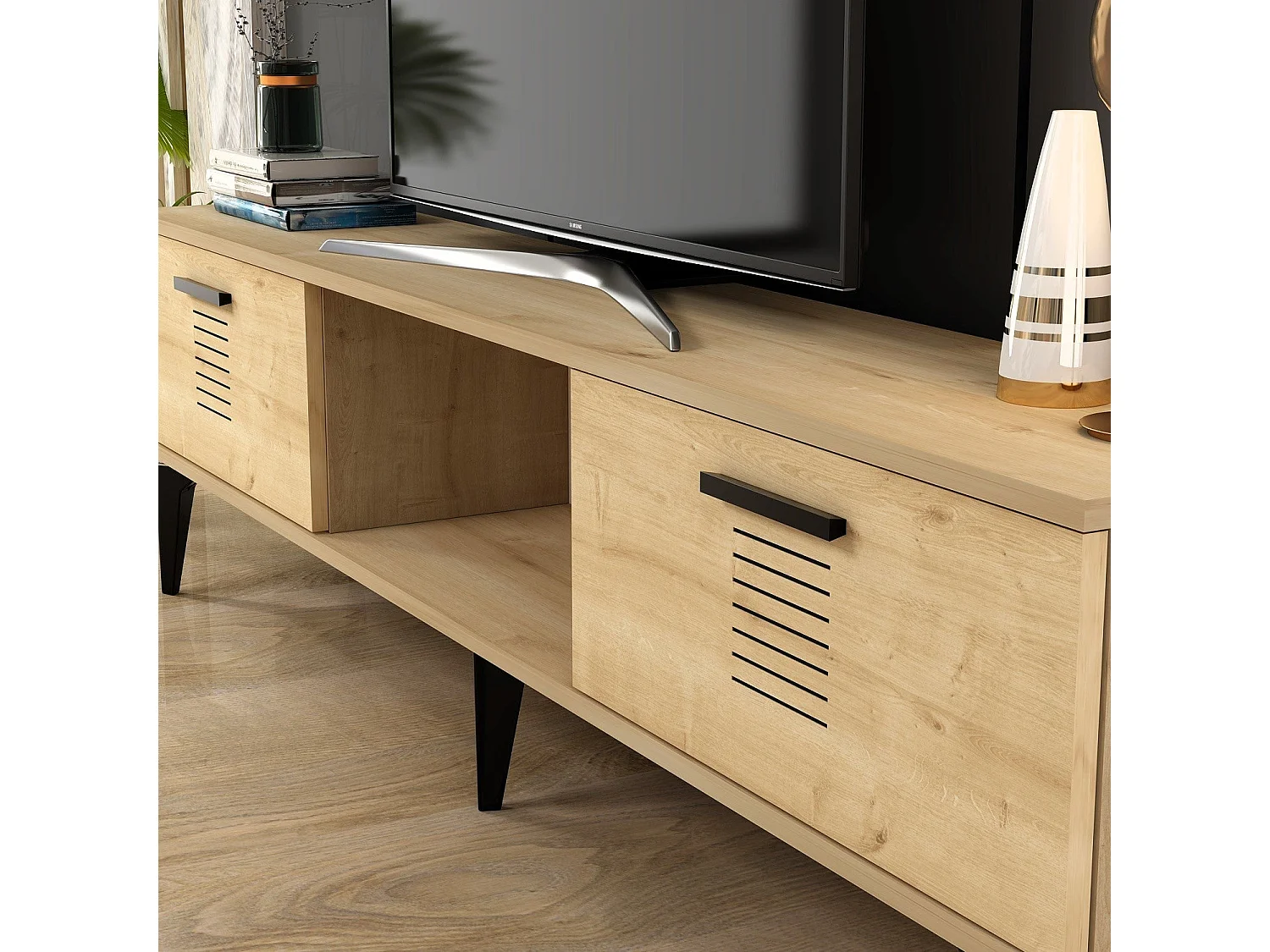 TV-Ständer – 150 cm x 44,6 cm x 29,6 cm – Saphir-Eiche – Spanplatte mit 100 % Melaminbeschichtung