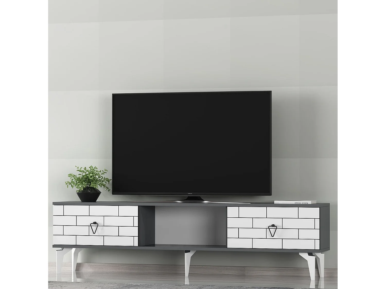 TV-Ständer – 150 cm x 44,6 cm x 29,6 cm – Anthrazit und Weiß – Melaminbeschichtete Spanplatte