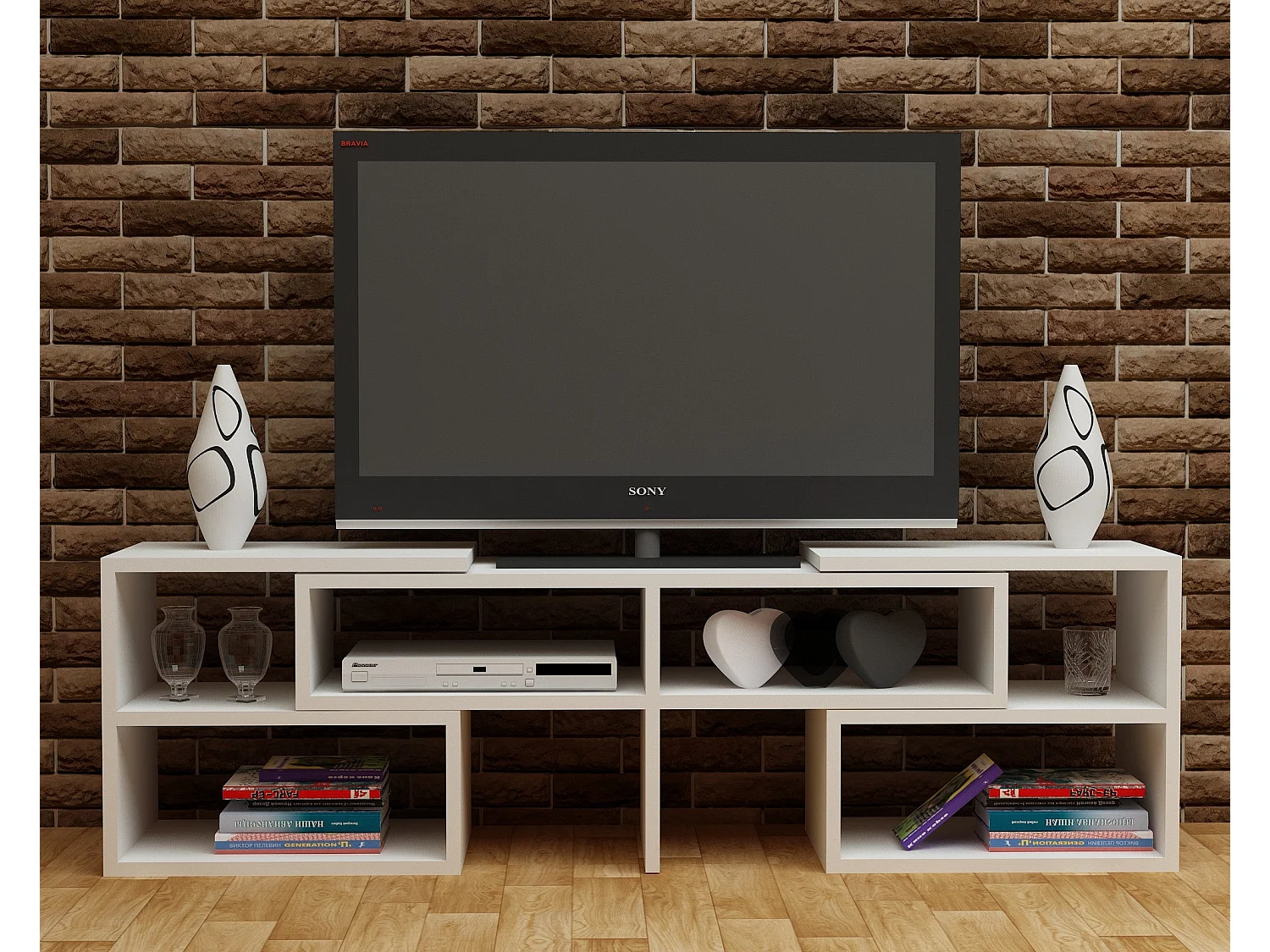 Meuble TV – 136,8 cm – Blanc – Aggloméré revêtu de mélamine