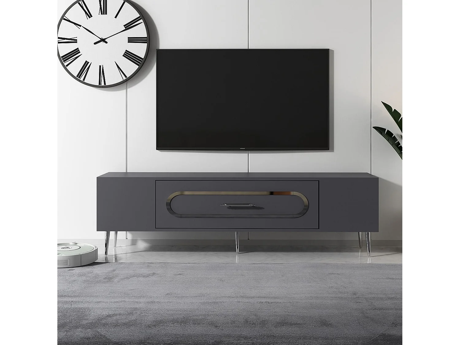 TV-Ständer – 150 cm x 48,2 cm x 29,6 cm – Anthrazit und Silber – 100 % melaminbeschichtete Spanplatte