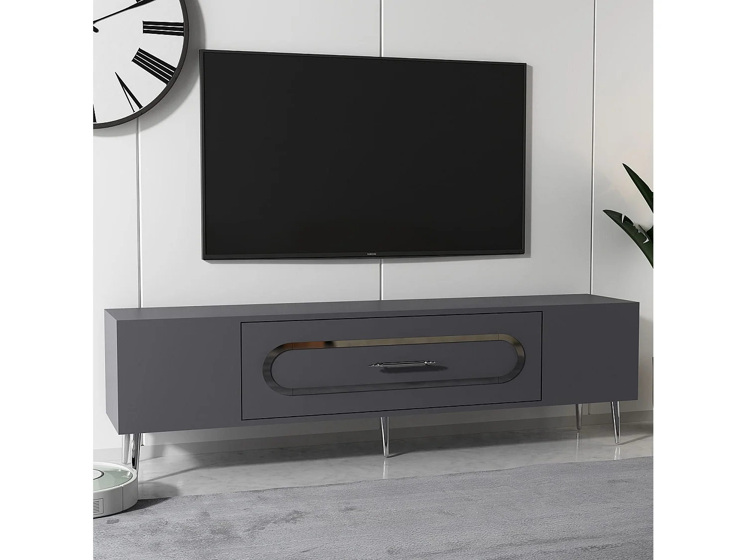TV-Ständer – 150 cm x 48,2 cm x 29,6 cm – Anthrazit und Silber – 100 % melaminbeschichtete Spanplatte