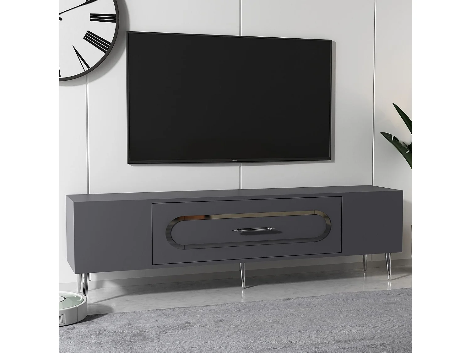 TV-Ständer – 150 cm x 48,2 cm x 29,6 cm – Anthrazit und Silber – 100 % melaminbeschichtete Spanplatte