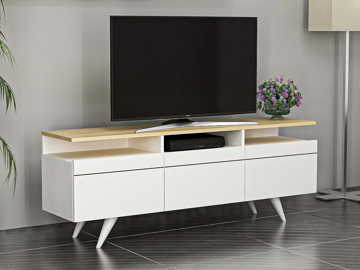 Stojak pod TV – 150 cm x 52 cm x 35 cm – Dąb i biel – 100% płyta wiórowa pokryta melaminą