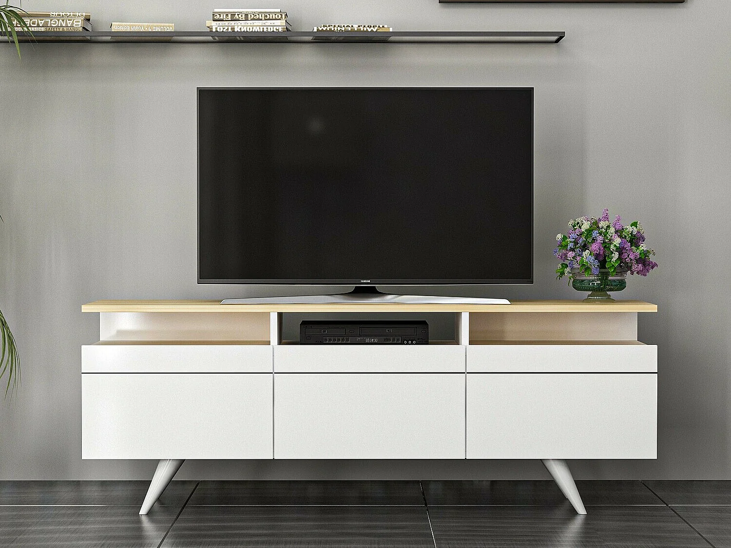 Stojak pod TV – 150 cm x 52 cm x 35 cm – Dąb i biel – 100% płyta wiórowa pokryta melaminą