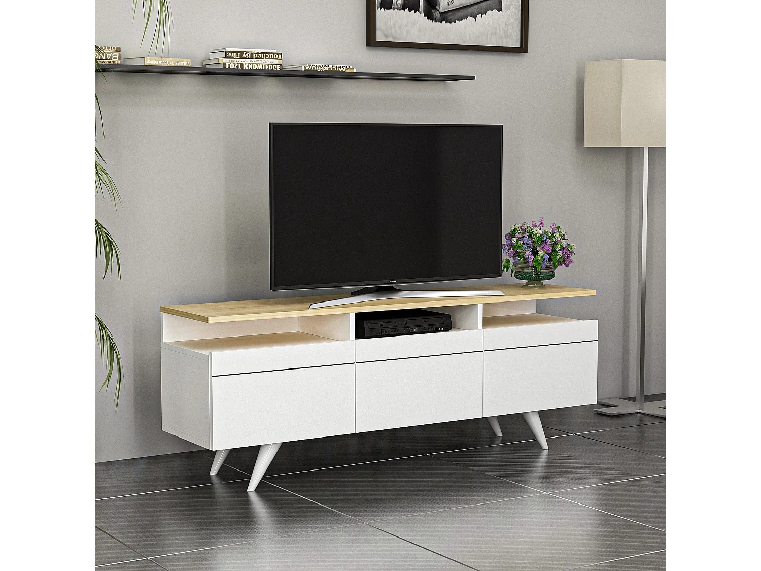 Stojak pod TV – 150 cm x 52 cm x 35 cm – Dąb i biel – 100% płyta wiórowa pokryta melaminą