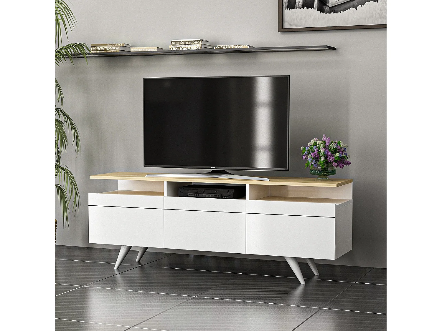 Stojak pod TV – 150 cm x 52 cm x 35 cm – Dąb i biel – 100% płyta wiórowa pokryta melaminą