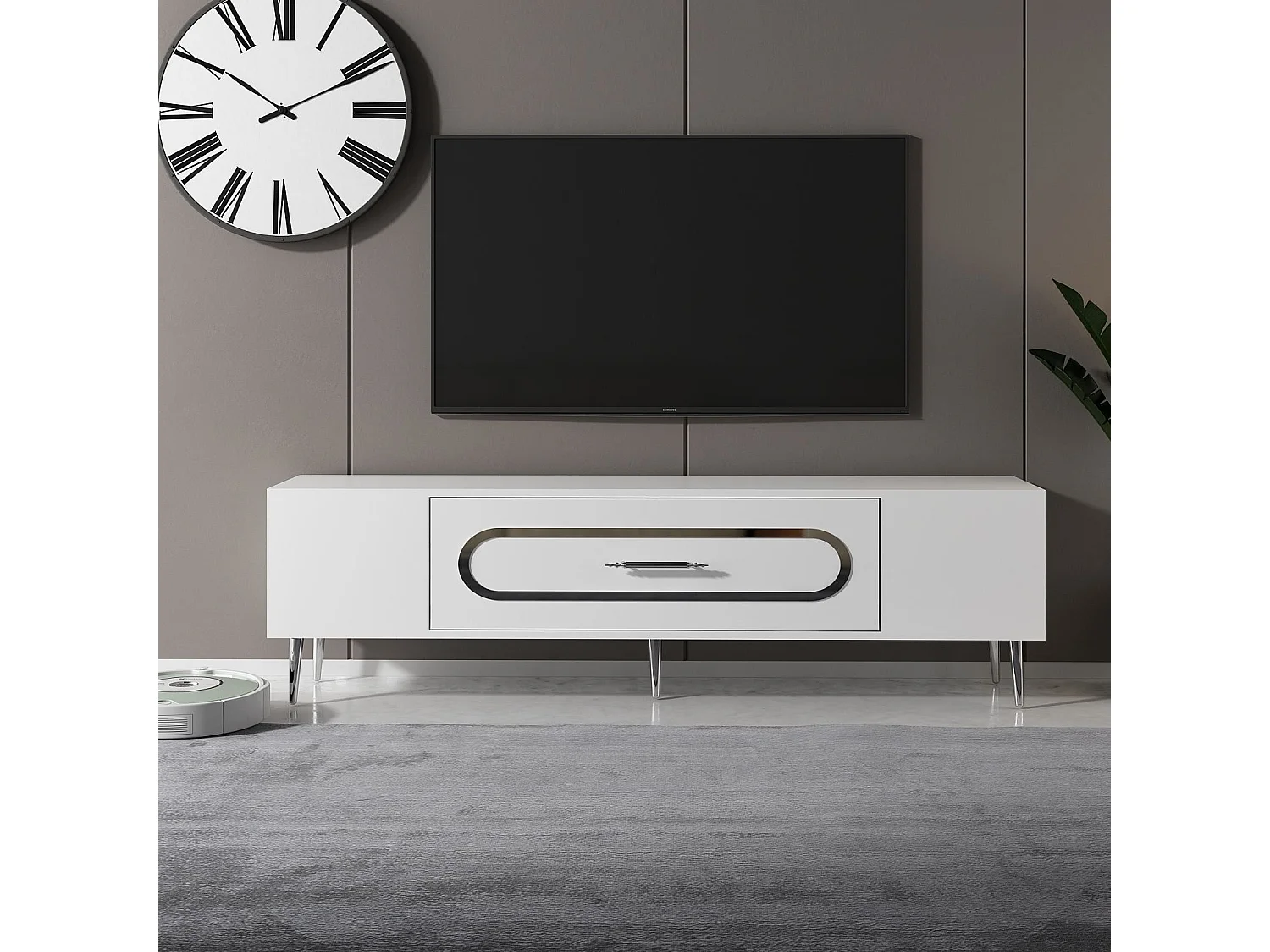 Meuble Tv design 1 porte basculante Berty L150cm Blanc et Argent