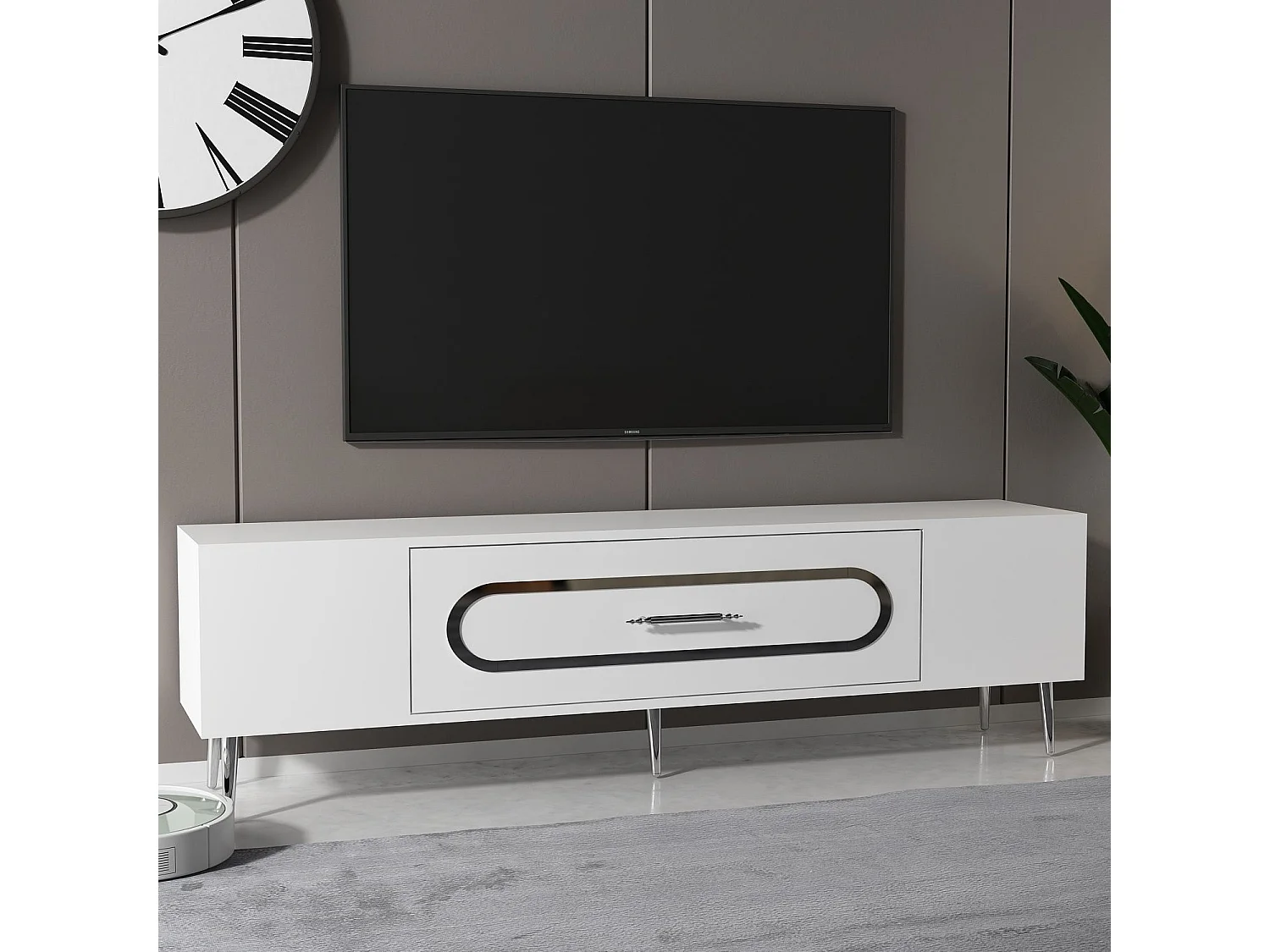 Meuble Tv design 1 porte basculante Berty L150cm Blanc et Argent