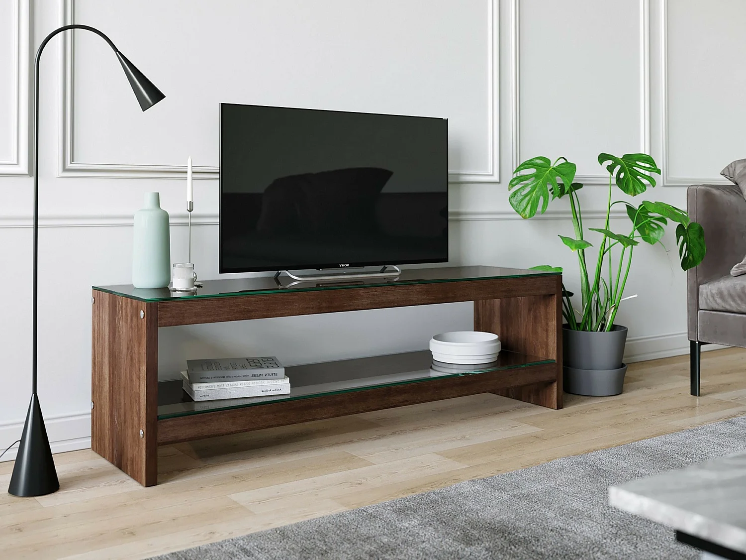 Meuble TV moderne, couleur noyer, 140 cm x 45 cm x 40 cm | 100 % pin massif et verre trempé | Fixation murale, plusieurs étagères, élégant et fonctionnel