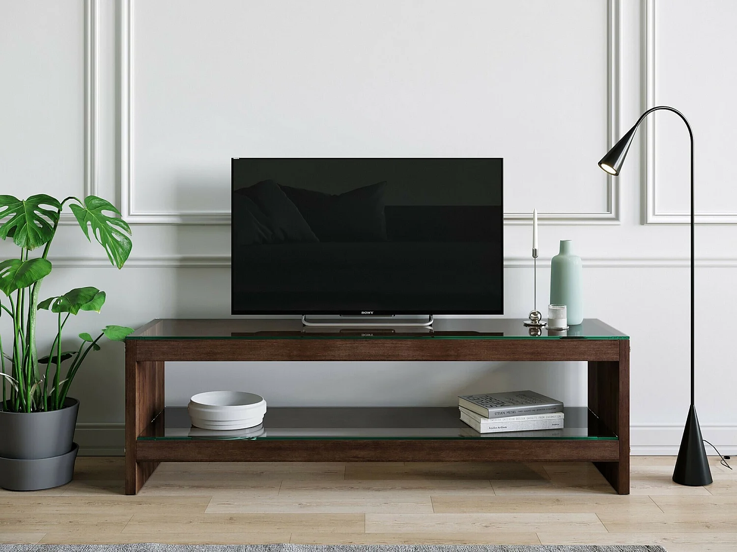 Meuble TV moderne, couleur noyer, 140 cm x 45 cm x 40 cm | 100 % pin massif et verre trempé | Fixation murale, plusieurs étagères, élégant et fonctionnel