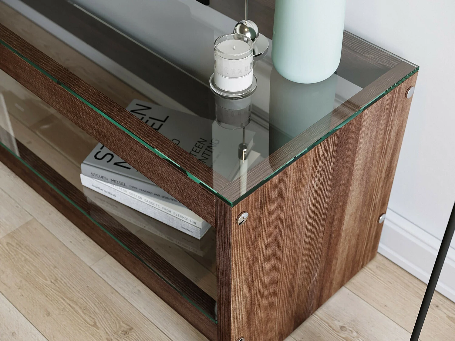 Meuble TV moderne, couleur noyer, 140 cm x 45 cm x 40 cm | 100 % pin massif et verre trempé | Fixation murale, plusieurs étagères, élégant et fonctionnel