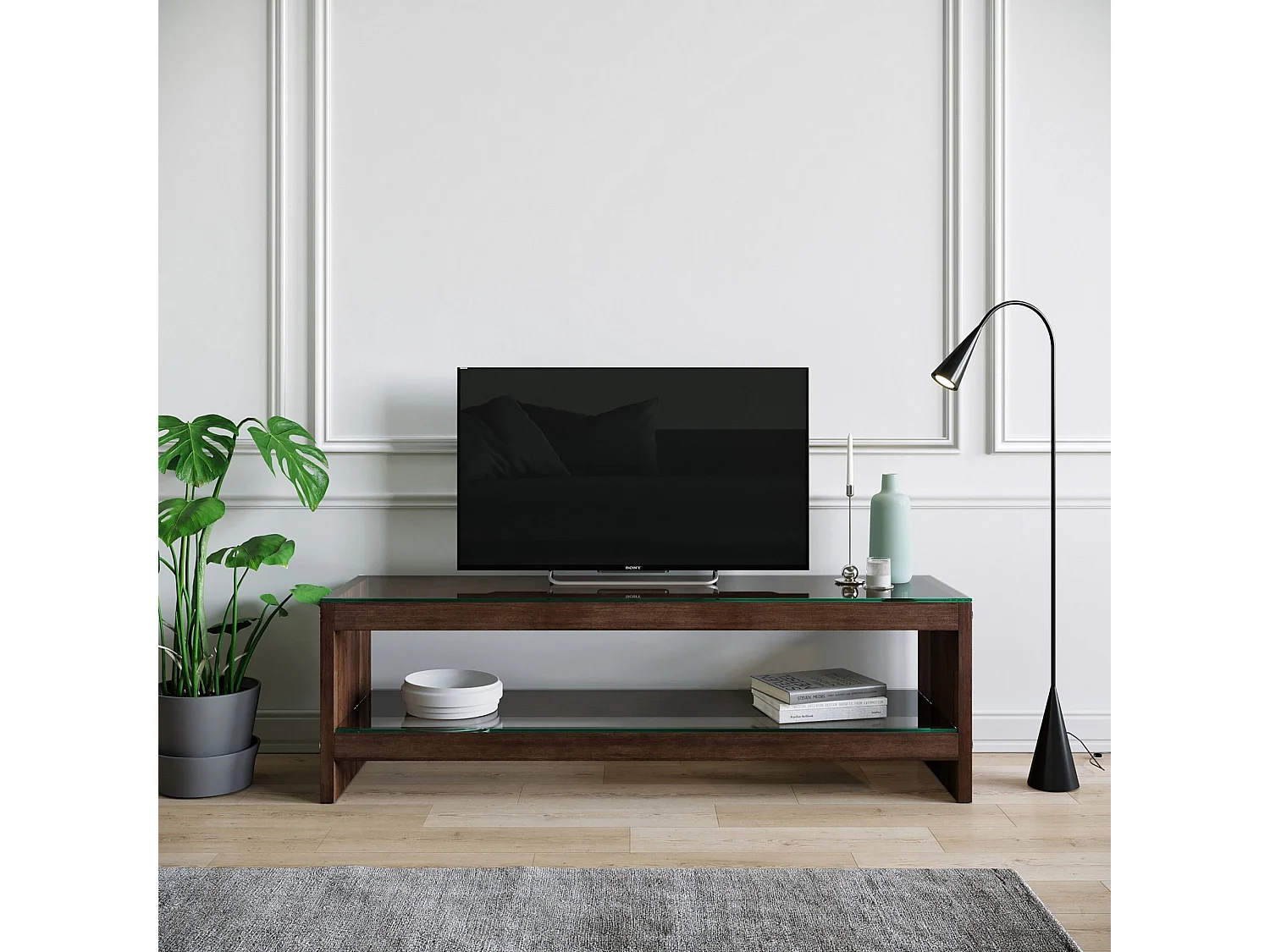 Meuble TV moderne, couleur noyer, 140 cm x 45 cm x 40 cm | 100 % pin massif et verre trempé | Fixation murale, plusieurs étagères, élégant et fonctionnel