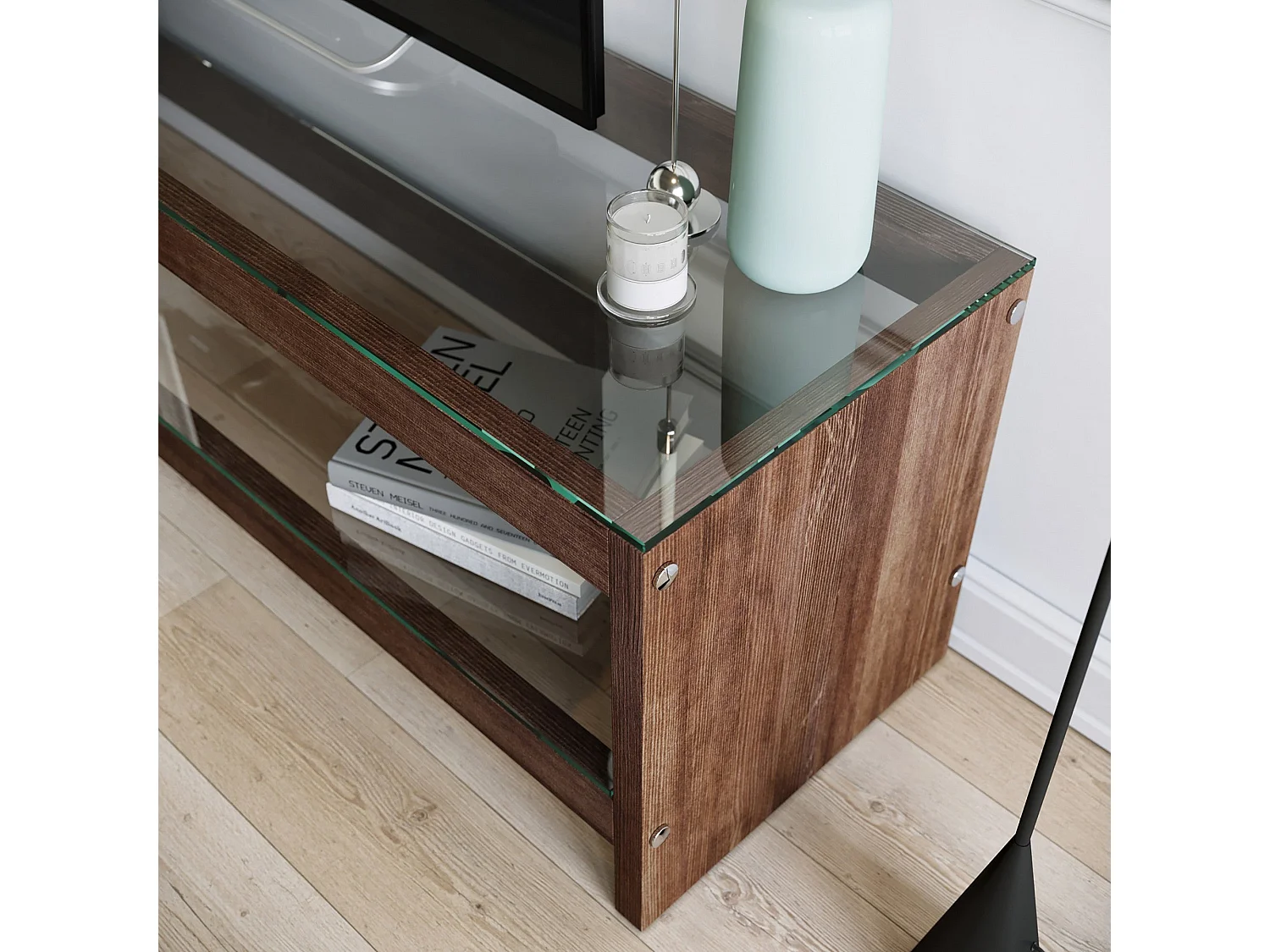 Meuble TV moderne, couleur noyer, 140 cm x 45 cm x 40 cm | 100 % pin massif et verre trempé | Fixation murale, plusieurs étagères, élégant et fonctionnel