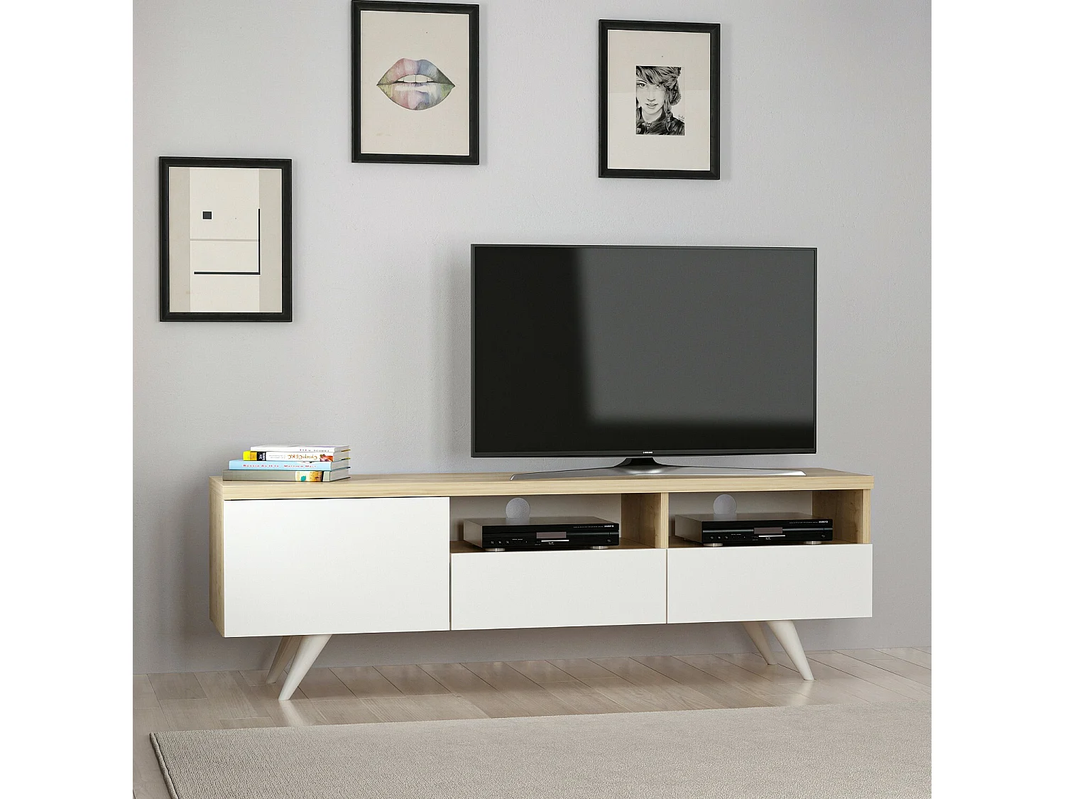 Stojak pod TV – 150 cm x 46 cm x 35 cm – Dąb i biel – Płyta wiórowa