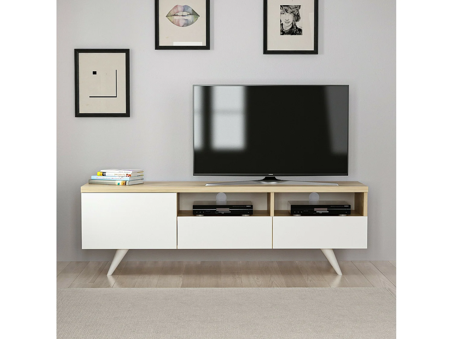 Stojak pod TV – 150 cm x 46 cm x 35 cm – Dąb i biel – Płyta wiórowa