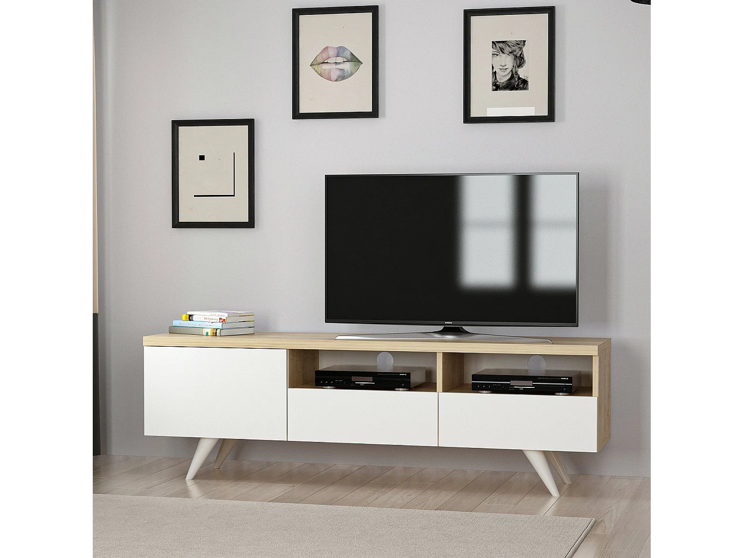 Stojak pod TV – 150 cm x 46 cm x 35 cm – Dąb i biel – Płyta wiórowa