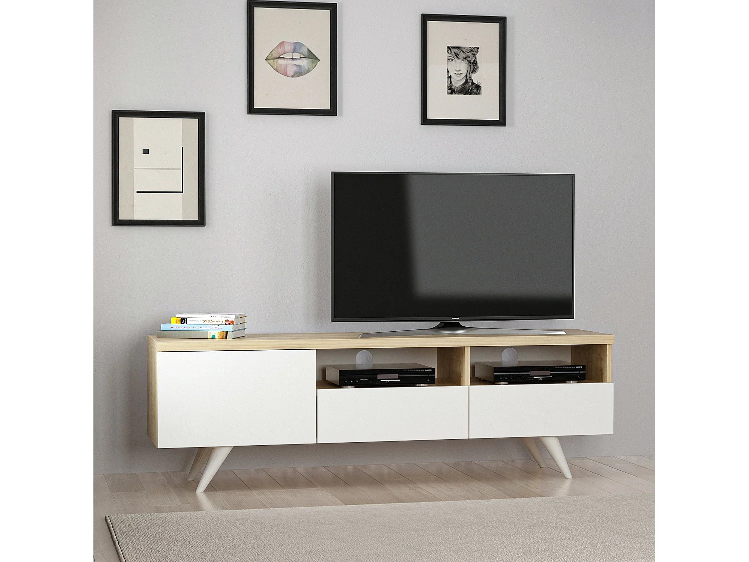 Stojak pod TV – 150 cm x 46 cm x 35 cm – Dąb i biel – Płyta wiórowa