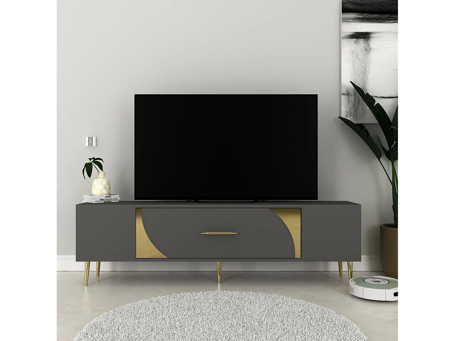 TV-Ständer – 150 cm x 48,2 cm x 29,6 cm – Anthrazit und Gold – Spanplatte mit Melaminbeschichtung