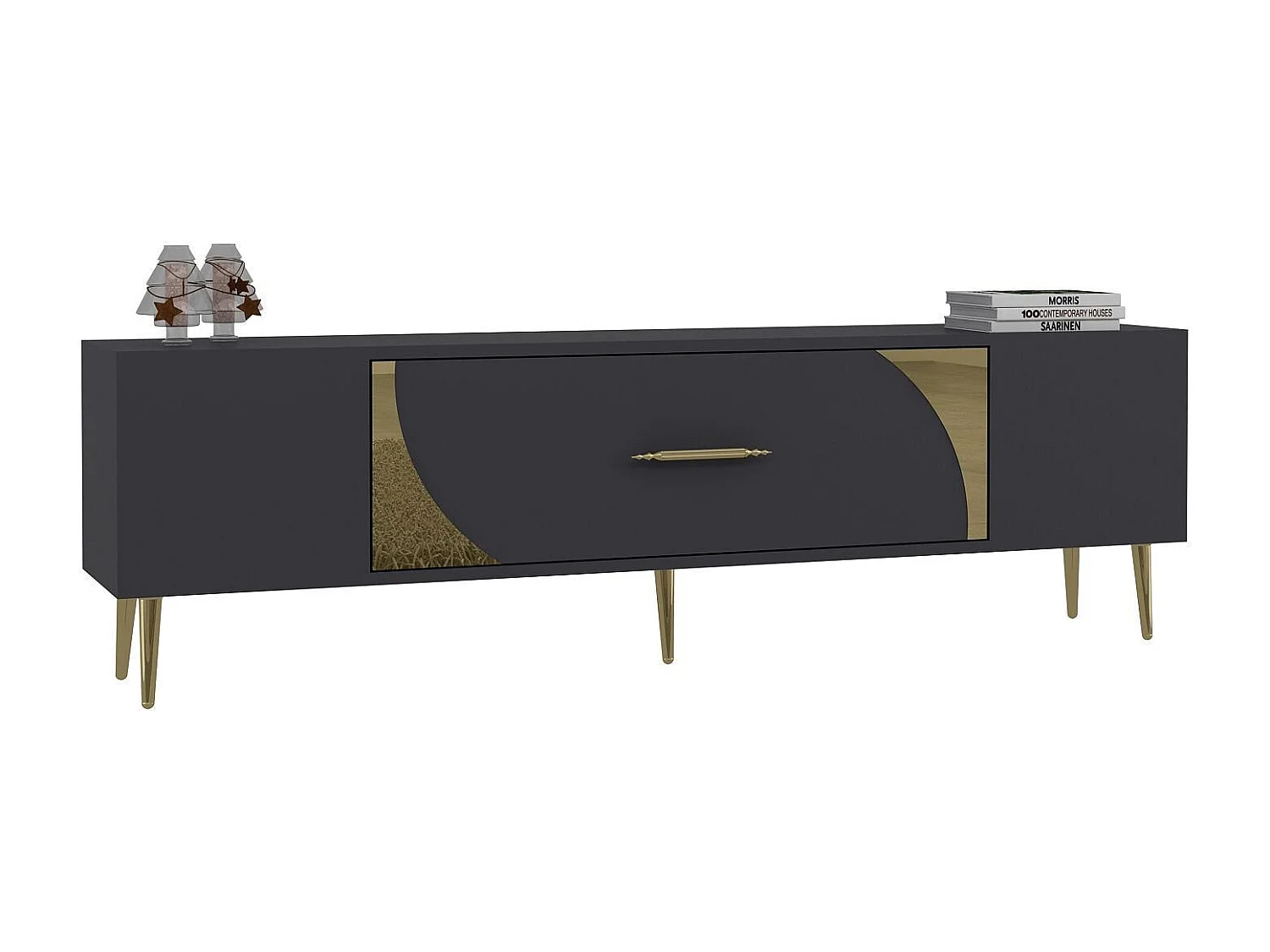 TV-Ständer – 150 cm x 48,2 cm x 29,6 cm – Anthrazit und Gold – Spanplatte mit Melaminbeschichtung