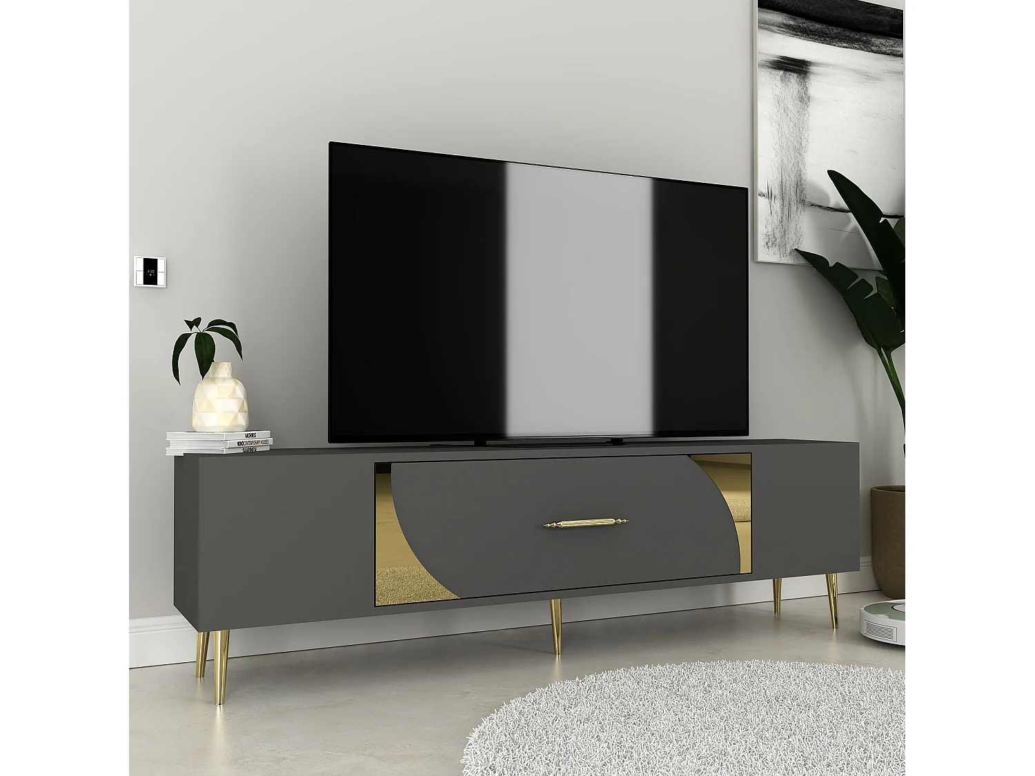 TV-Ständer – 150 cm x 48,2 cm x 29,6 cm – Anthrazit und Gold – Spanplatte mit Melaminbeschichtung