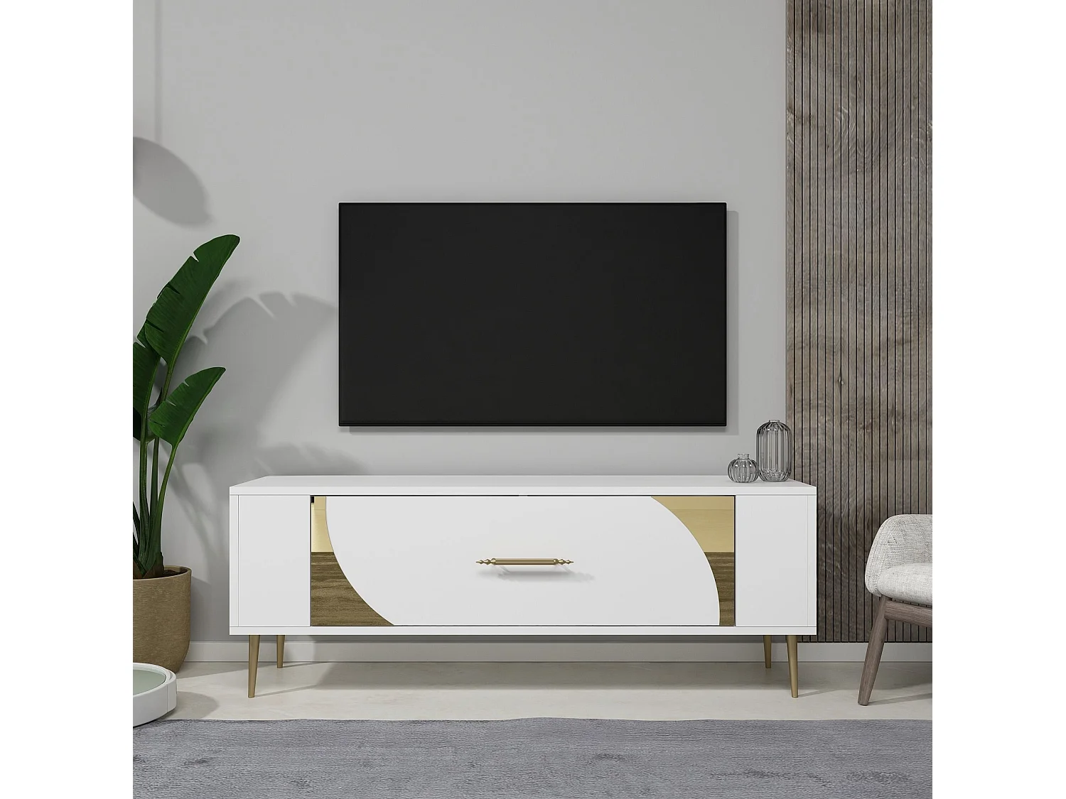 Mobile TV – 120 cm x 48,2 cm x 26,4 cm – Bianco e Oro – Melamina