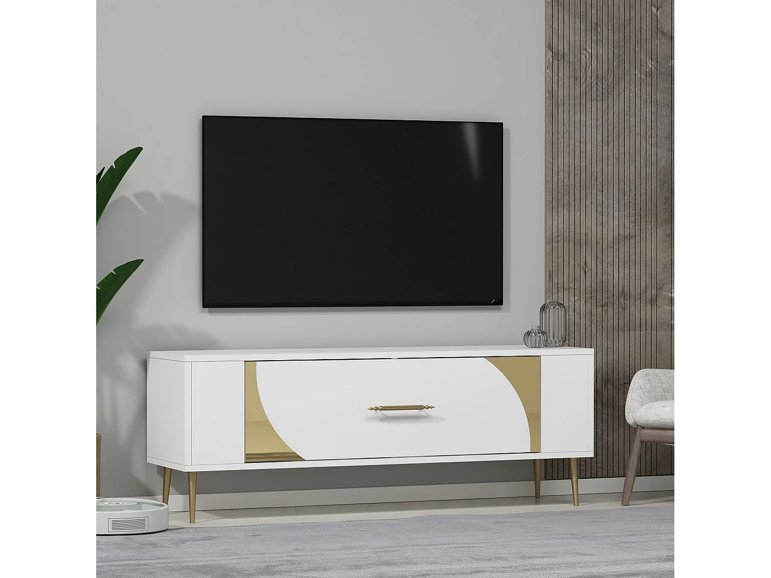 Mobile TV – 120 cm x 48,2 cm x 26,4 cm – Bianco e Oro – Melamina