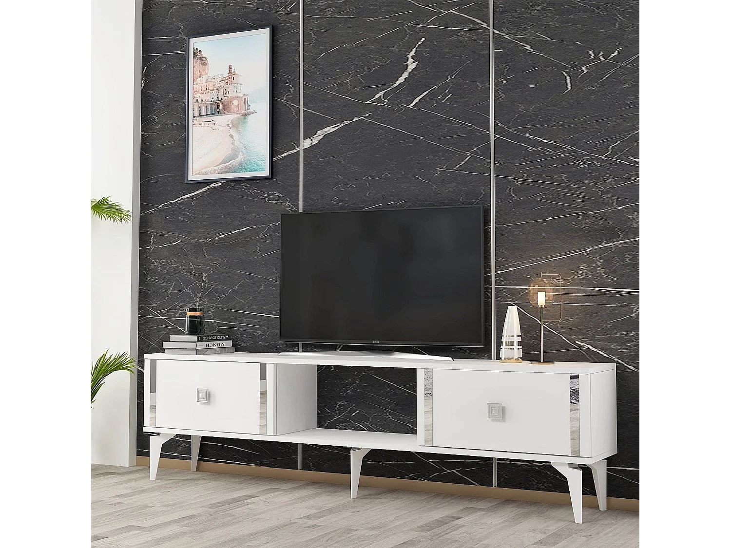 Meuble Tv design 2 portes basculantes Hegha L150cm Blanc et Argent