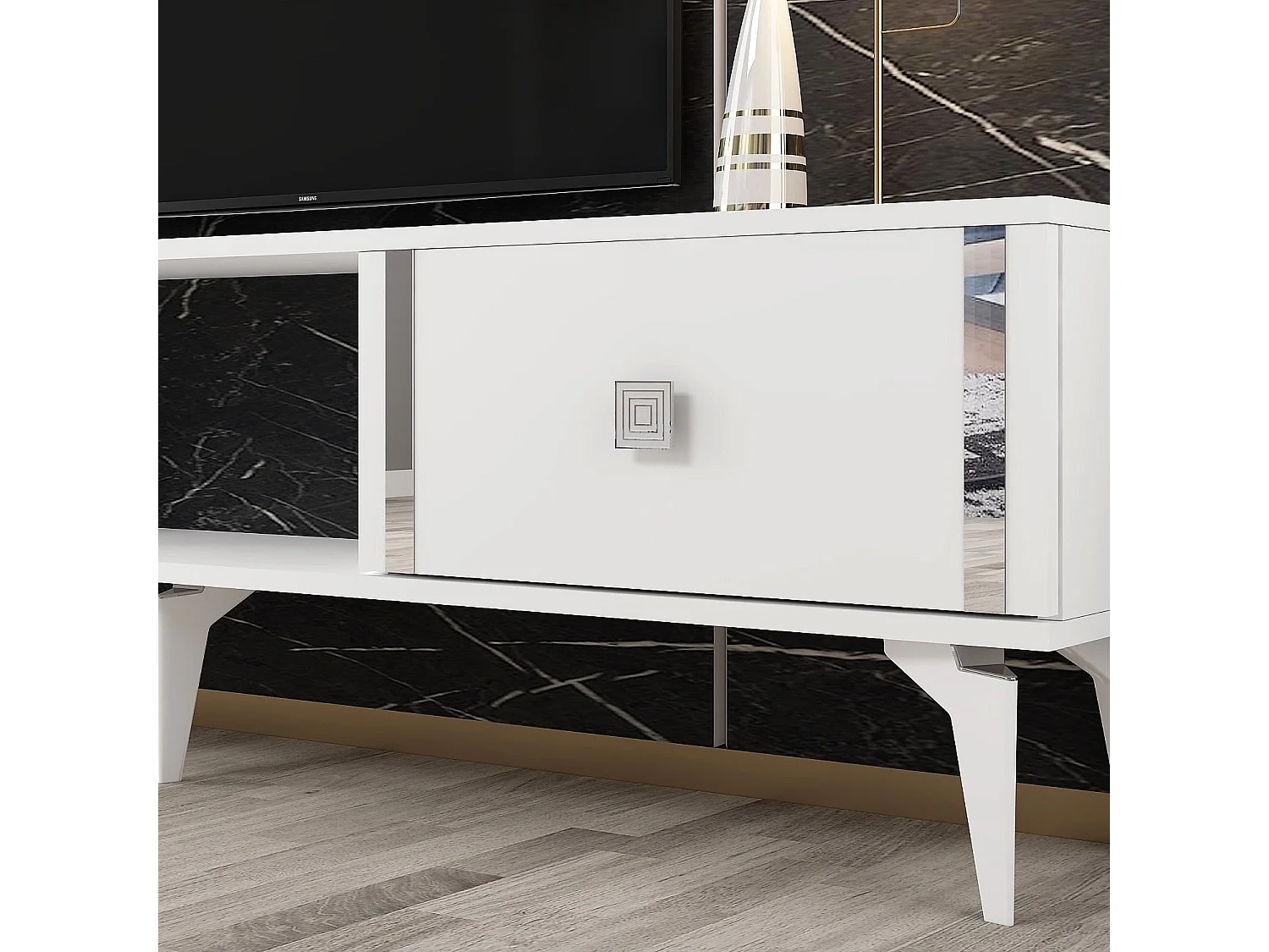 Meuble Tv design 2 portes basculantes Hegha L150cm Blanc et Argent