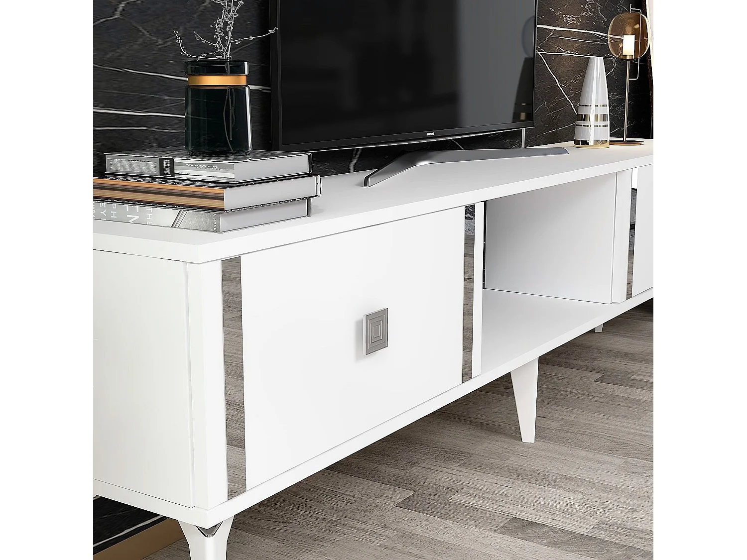 Meuble Tv design 2 portes basculantes Hegha L150cm Blanc et Argent