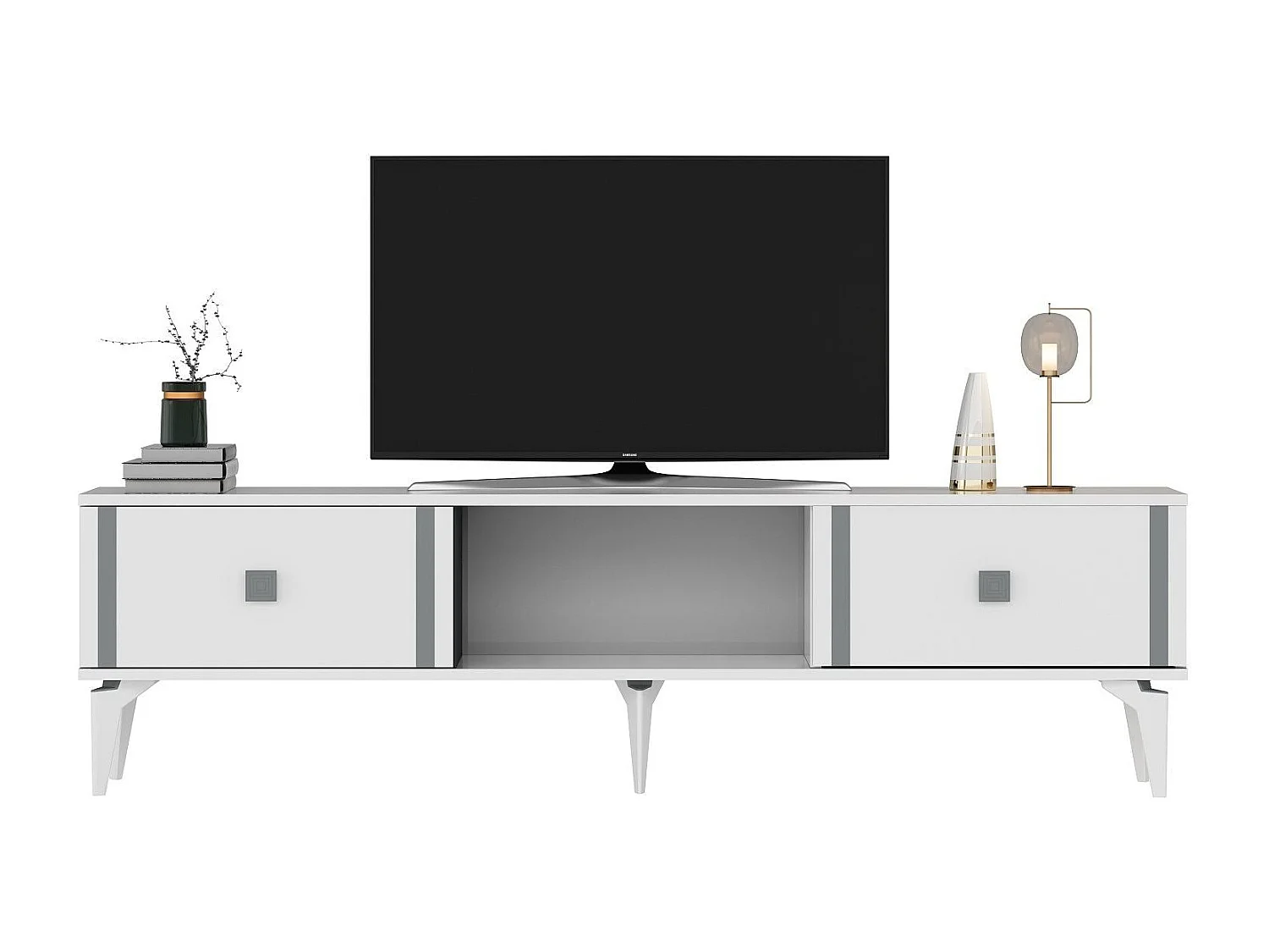 Meuble Tv design 2 portes basculantes Hegha L150cm Blanc et Argent